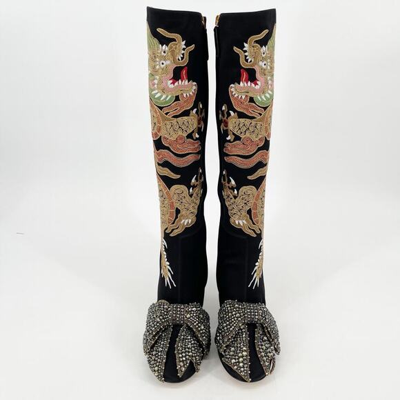 Gucci Black Silk Satin Candy Dragon Embroidered Crystal Bow Heeled Boot EU 37 - Picture 6 of 16